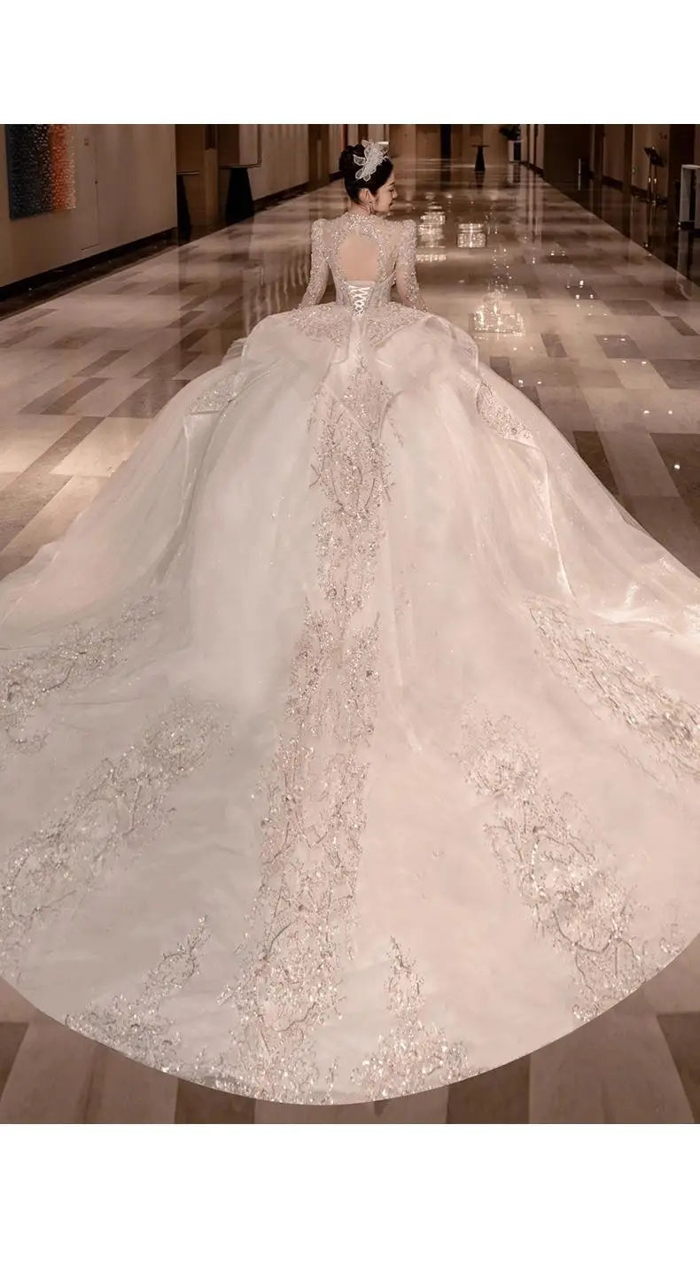 High Neck Long Sleeve Bead Bridal Gown Cathedral Train