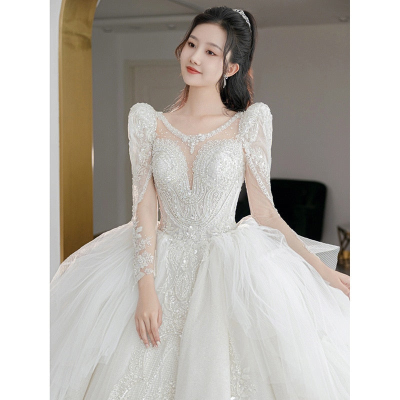 Beading Wedding Dress Sexy See Through Deep V Neck Bride Dress