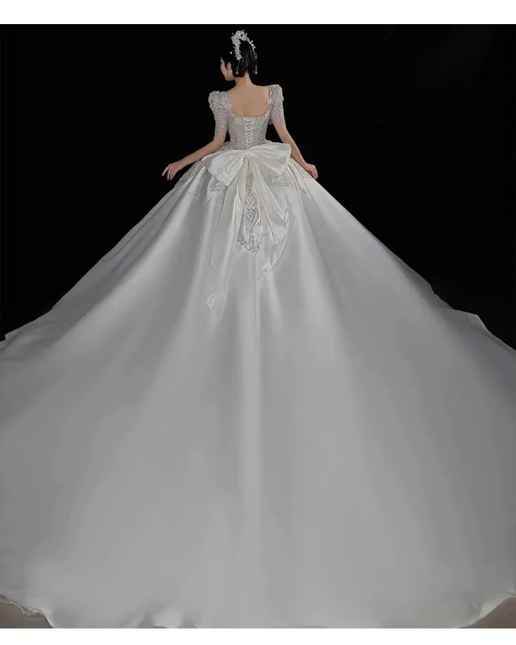 Luxury Stain Exquisite Wedding Dresses Boat Neck With Handmade Beading Ball Gowns