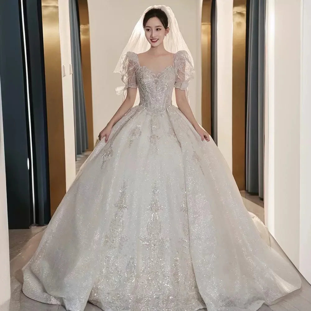 High End Ball Gown Women Sequins Short Sleeves