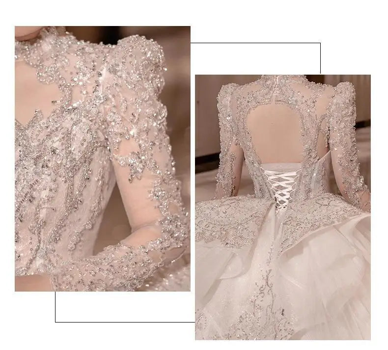 High Neck Long Sleeve Bead Bridal Gown Cathedral Train