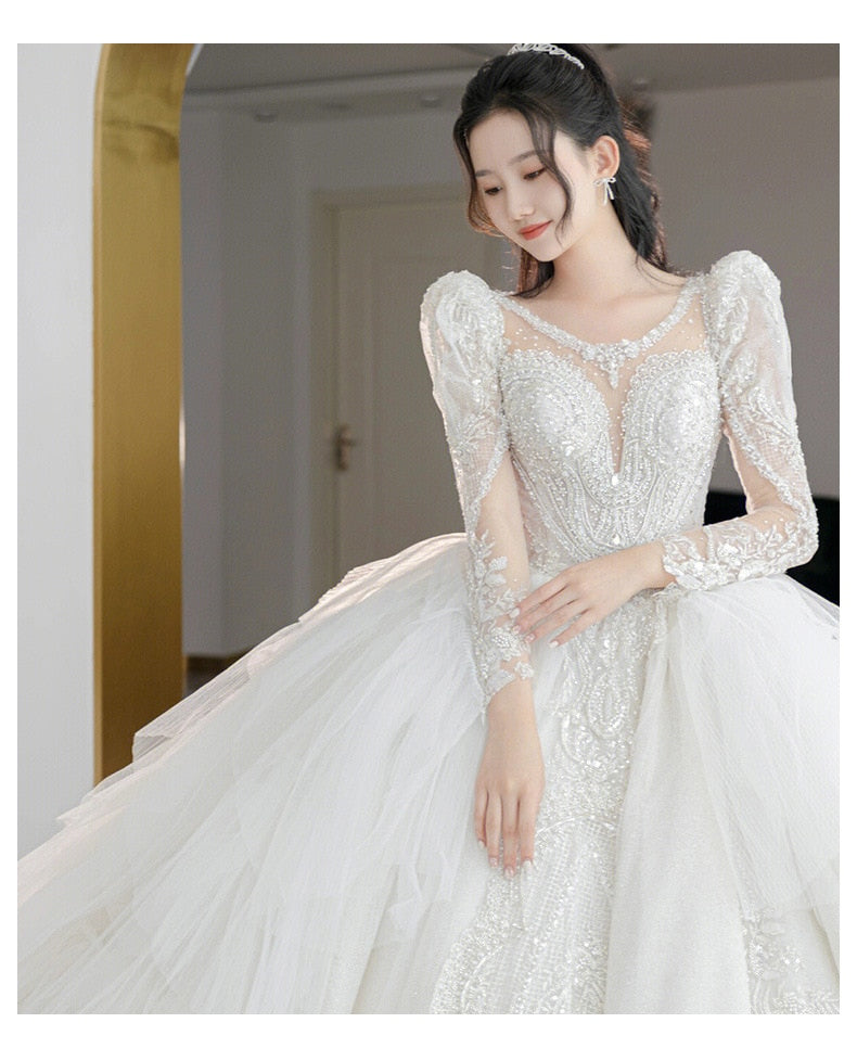Beading Wedding Dress Sexy See Through Deep V Neck Bride Dress