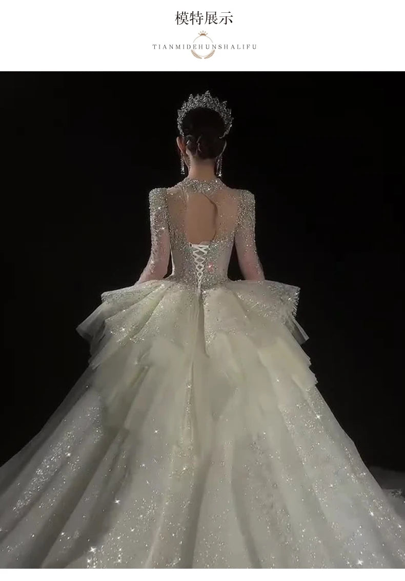 High End Long Sleeved Wedding Dress Bride Ball Gown Princess Exquisite Vintage