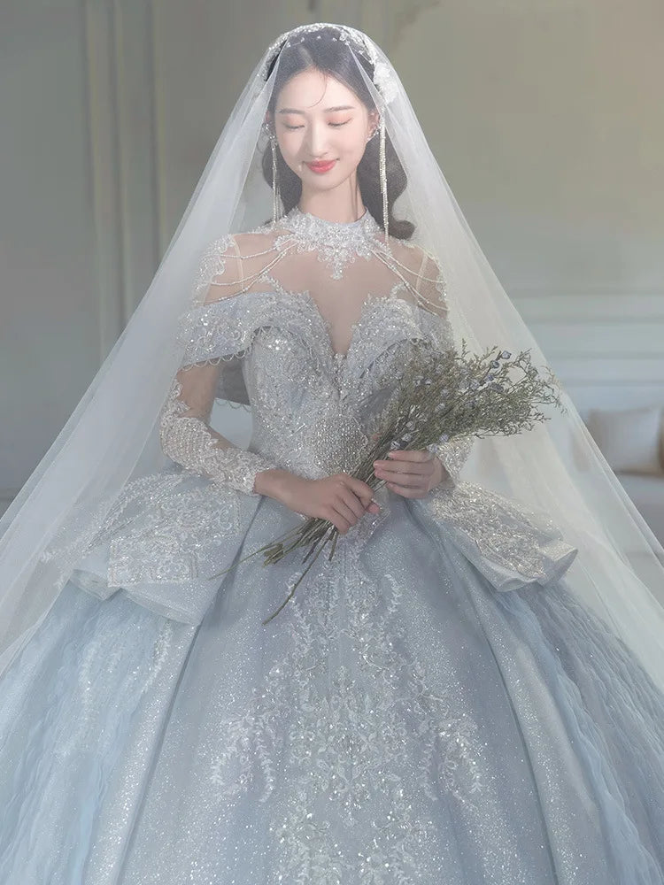 Off The Shoulder Shiny Embroidered Lace V Neck Vintage Bridal Ball Gown Dress