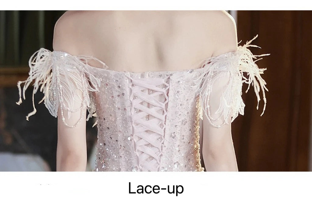 Pink Evening Dresses Off the Shoulder Lace-up Sequins Floor-Length A-line Sleeveless
