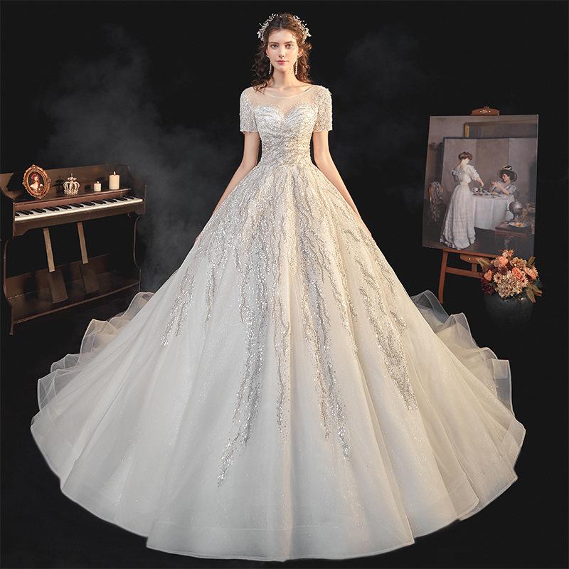 Bridal Dress Sweep Train Back Lace Up Sequins Elegant Wedding Dress