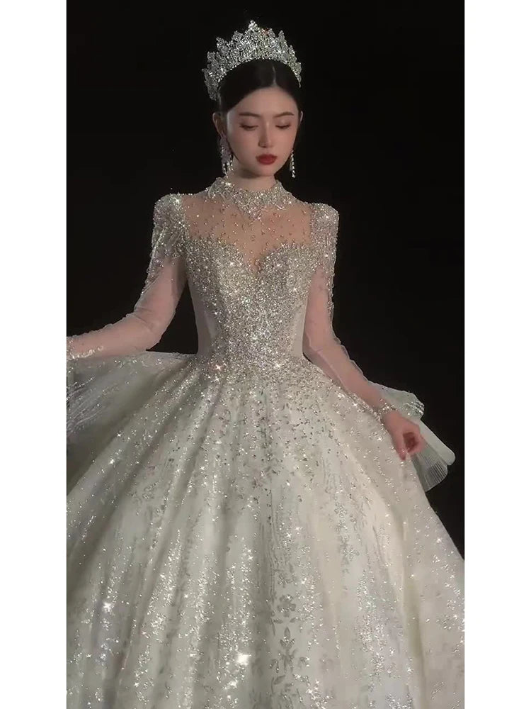 High End Long Sleeved Wedding Dress Bride Ball Gown Princess Exquisite Vintage