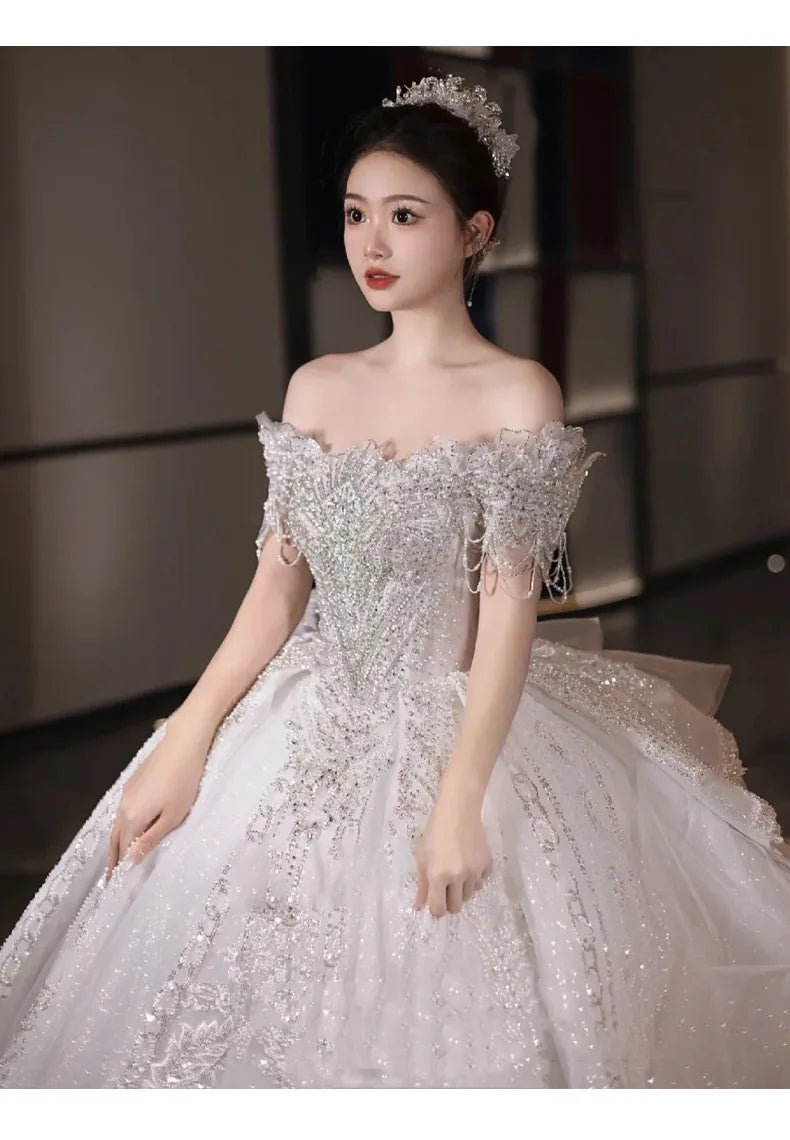 Boat Neck Handmade Beading Exquisite Off The Shoulder Princess Ball Gowns