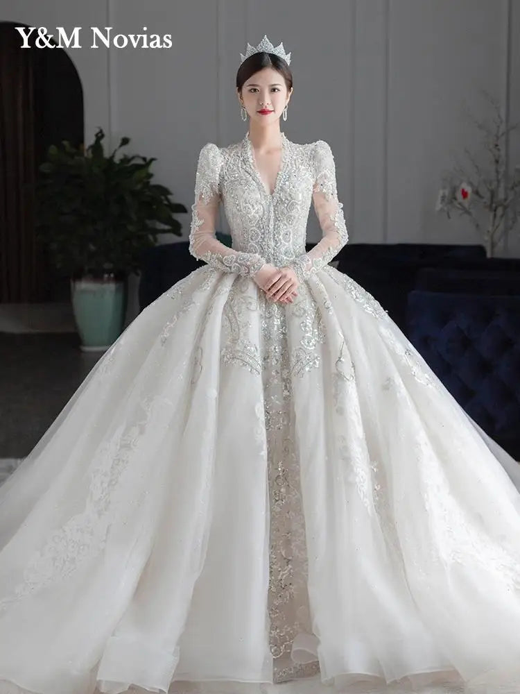 Luxury Bedading Long Sleeve Winter Wedding Dress V Neck