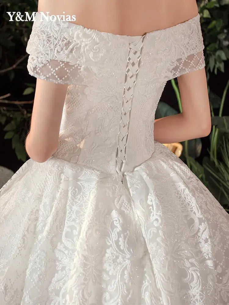 Glitter White Long Lace Sequin Royal Train Bride Gowns