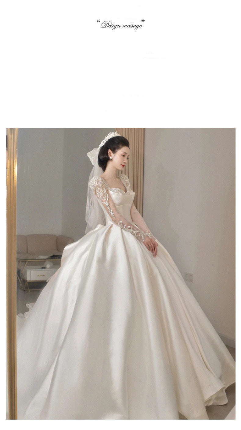 Satin O Neck Applique Sequined Beads Full Sleeve A Line Gowns