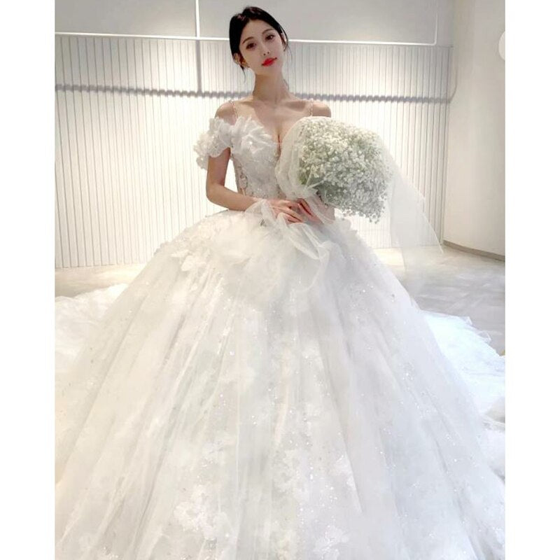 Luxury Off The Shoulder Sexy V-neck Bridal Dress