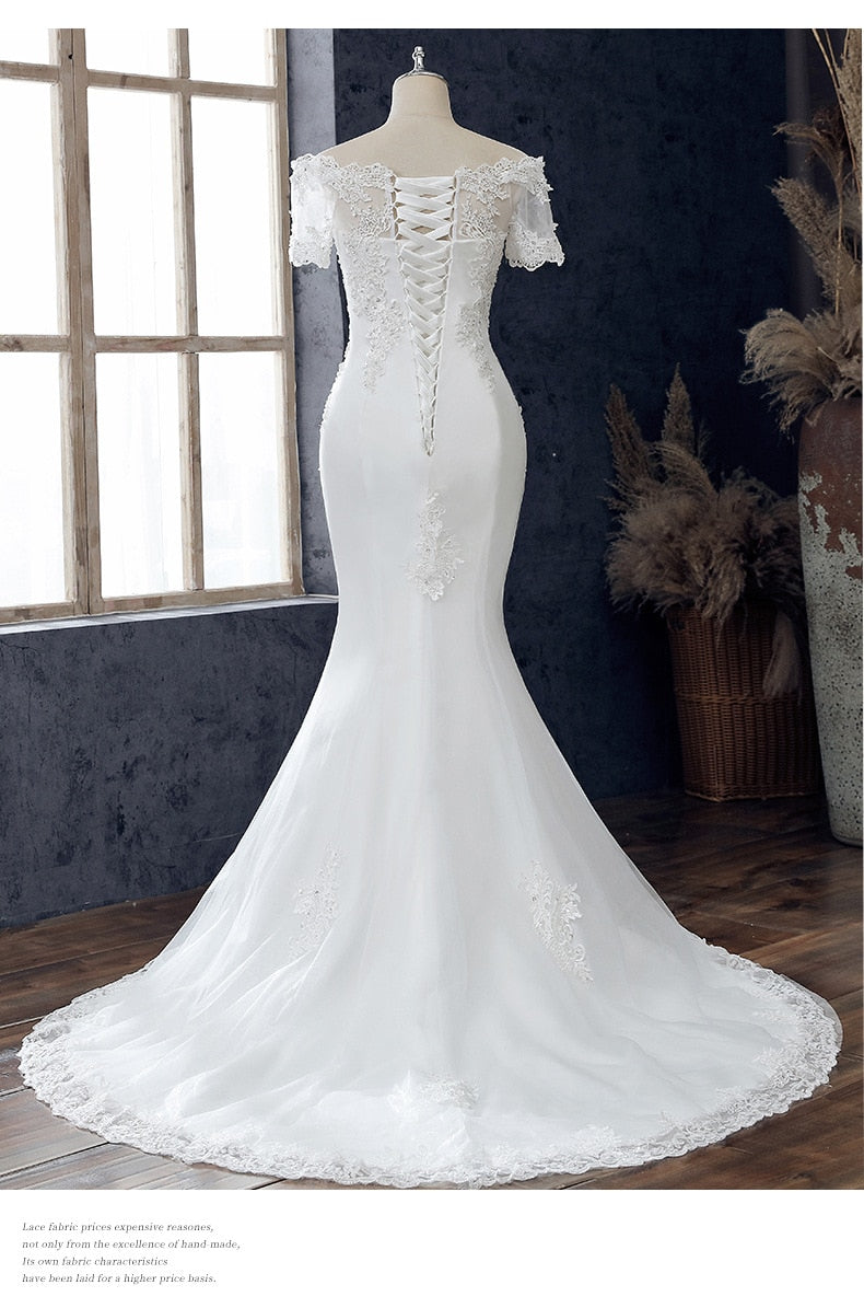 Lace Applique Wedding Dress Boat Neck Lace Up Short Sleeve Mermaid Bridal Dress