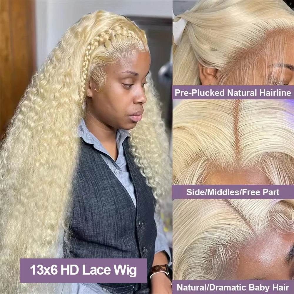 220% Curly 613 Honey Blonde 13x6 HD Brazilian Transparent 13x4 Lace Frontal Deep Wave Wig For Women