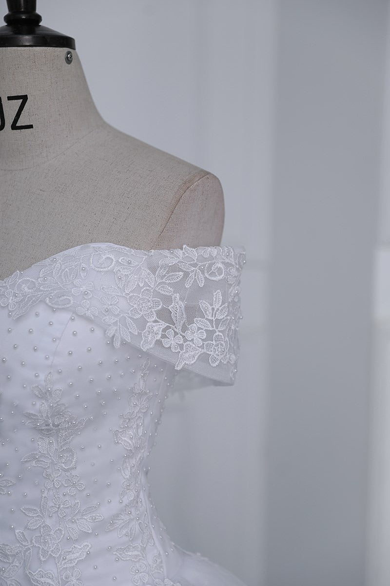 Off The Shoulder Plus Size Lace Wedding Dress Long Train Appliqes Pearls Bridal Tulle