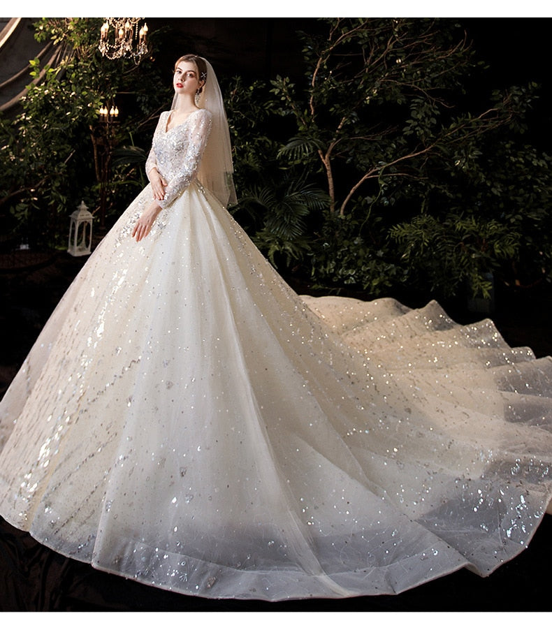 Luxury Long Sleeve Boat-neck Sweep Train Lace Up Gown