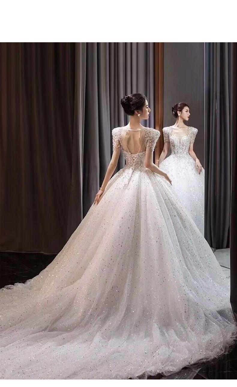 Bridal Dress Sequin Embellishment O Neck Floor-length Back Strap Sweep Train