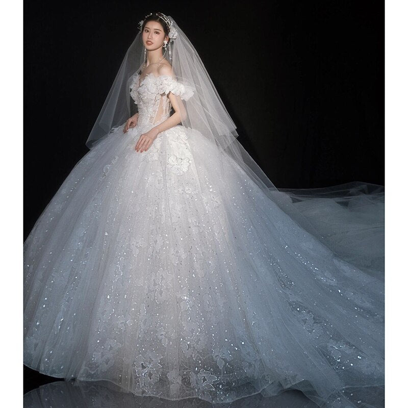 Luxury Off The Shoulder Sexy V-neck Bridal Dress