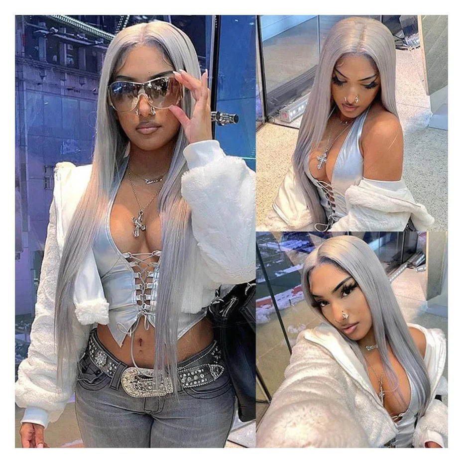 250 Density 13x6 Silver Grey Straight HD 613 Colored Lace Front Wig