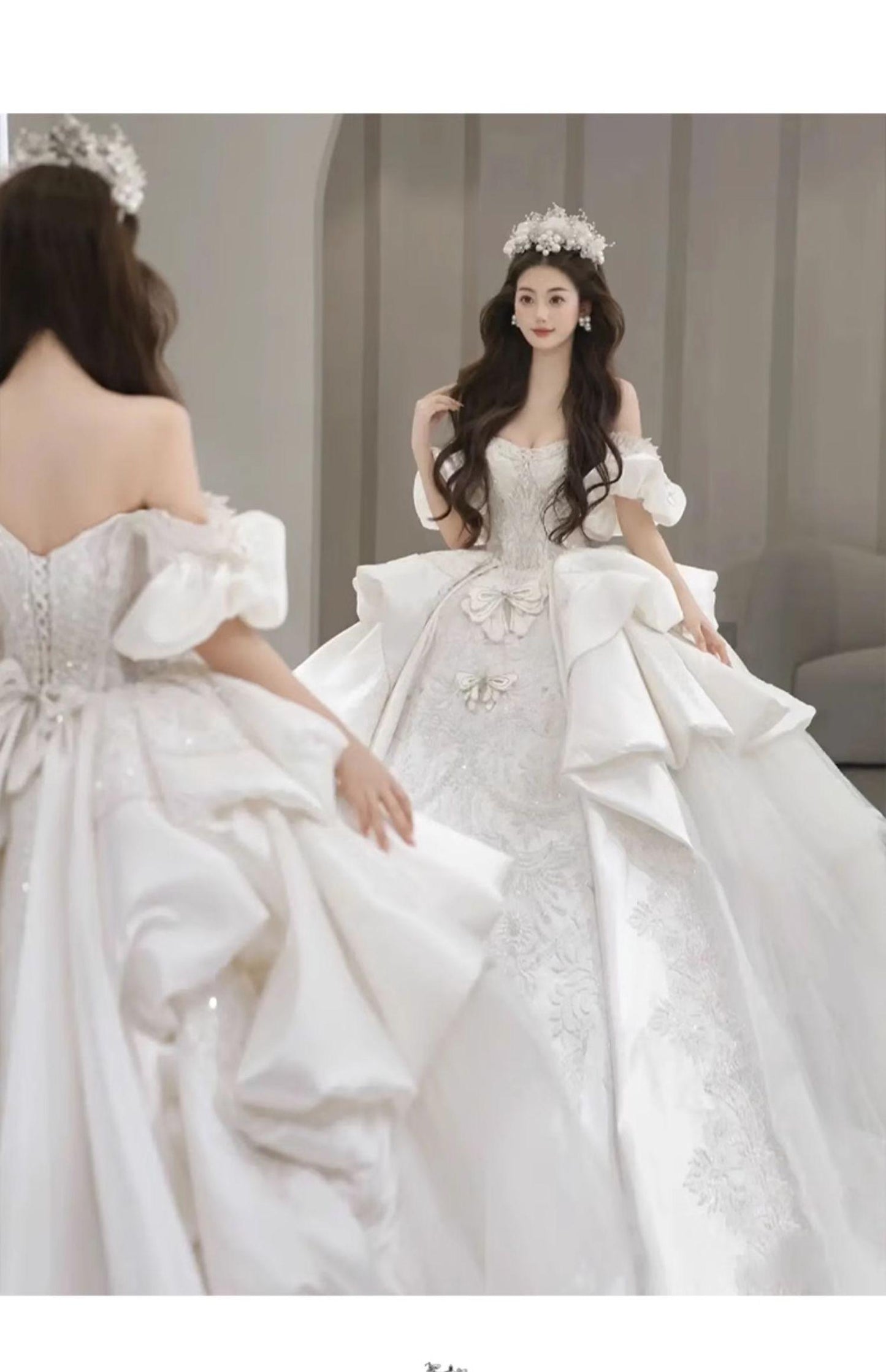 Boat Neck Satin Sweep Train Princess Wedding Gown Lace Embroidery