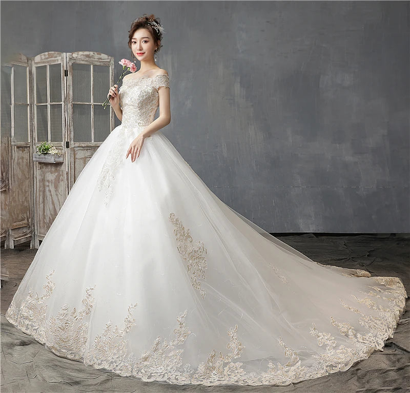 Simple Wedding Dress Off Shoulder Short Sleeve Floor or Train Wedding Gown Lace Applique Plus Size