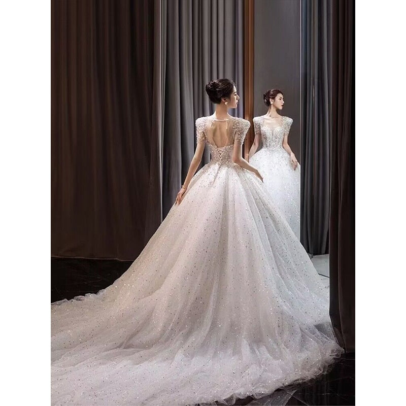Bridal Dress Sequin Embellishment O Neck Floor-length Back Strap Sweep Train