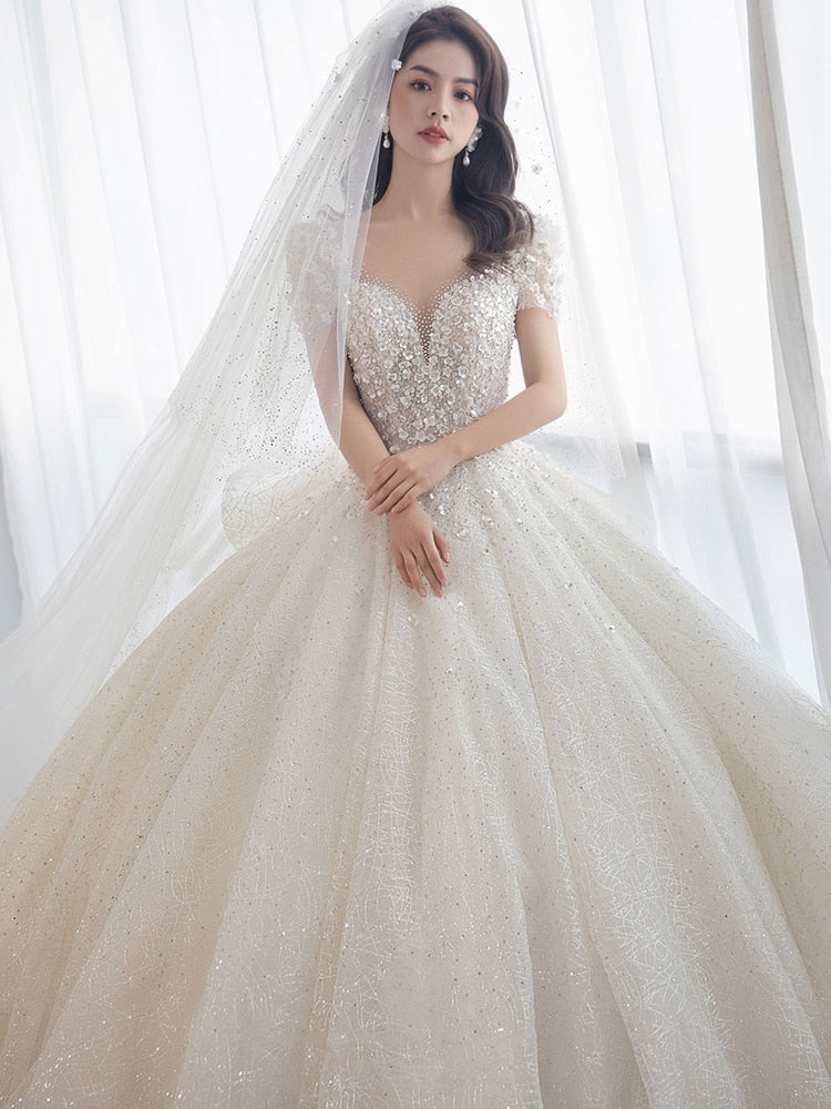 Handmade Luxury Shining Sequins Princess Ball Gown With Sweep Train Vintage