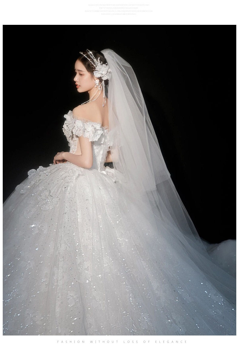 Luxury Off The Shoulder Sexy V-neck Bridal Dress