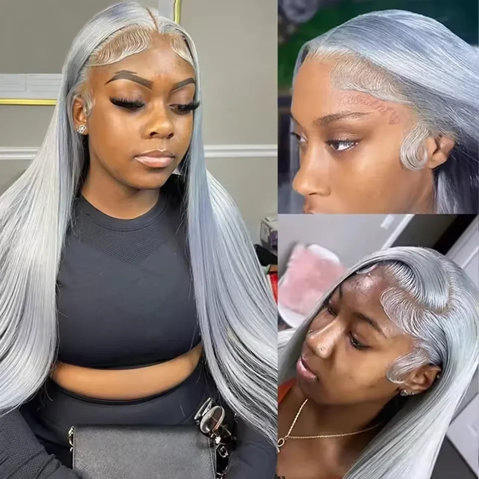 250 Density 13x6 Silver Grey Straight HD 613 Colored Lace Front Wig