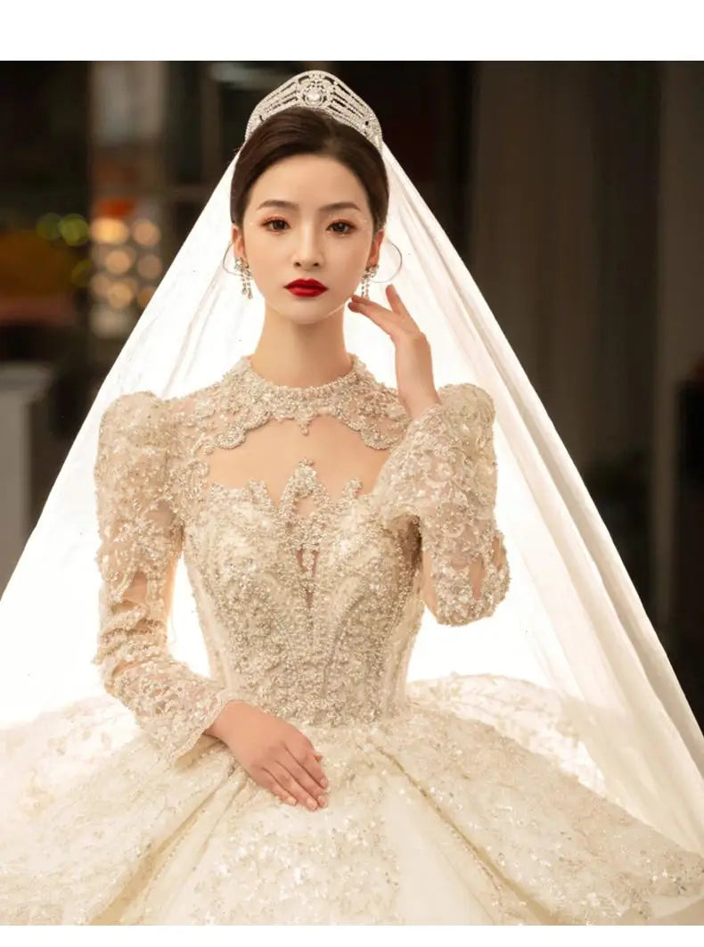 Winter Retro Vintage Wedding Dress For Bridals Long Sleeve Lace Appliques Beading Princess Ball Gown