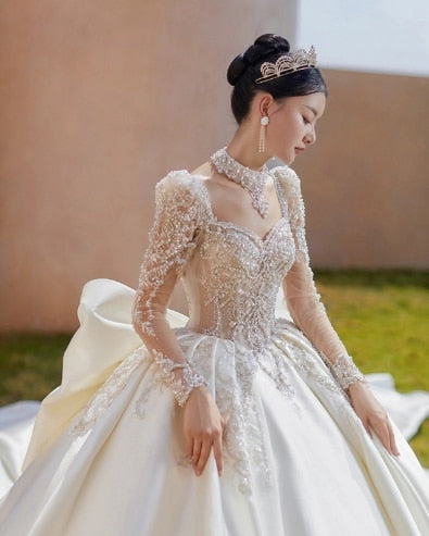 Luxury Bride Dress Pearl Satin Backless Strap With Large Bow Floor-length And Trailing