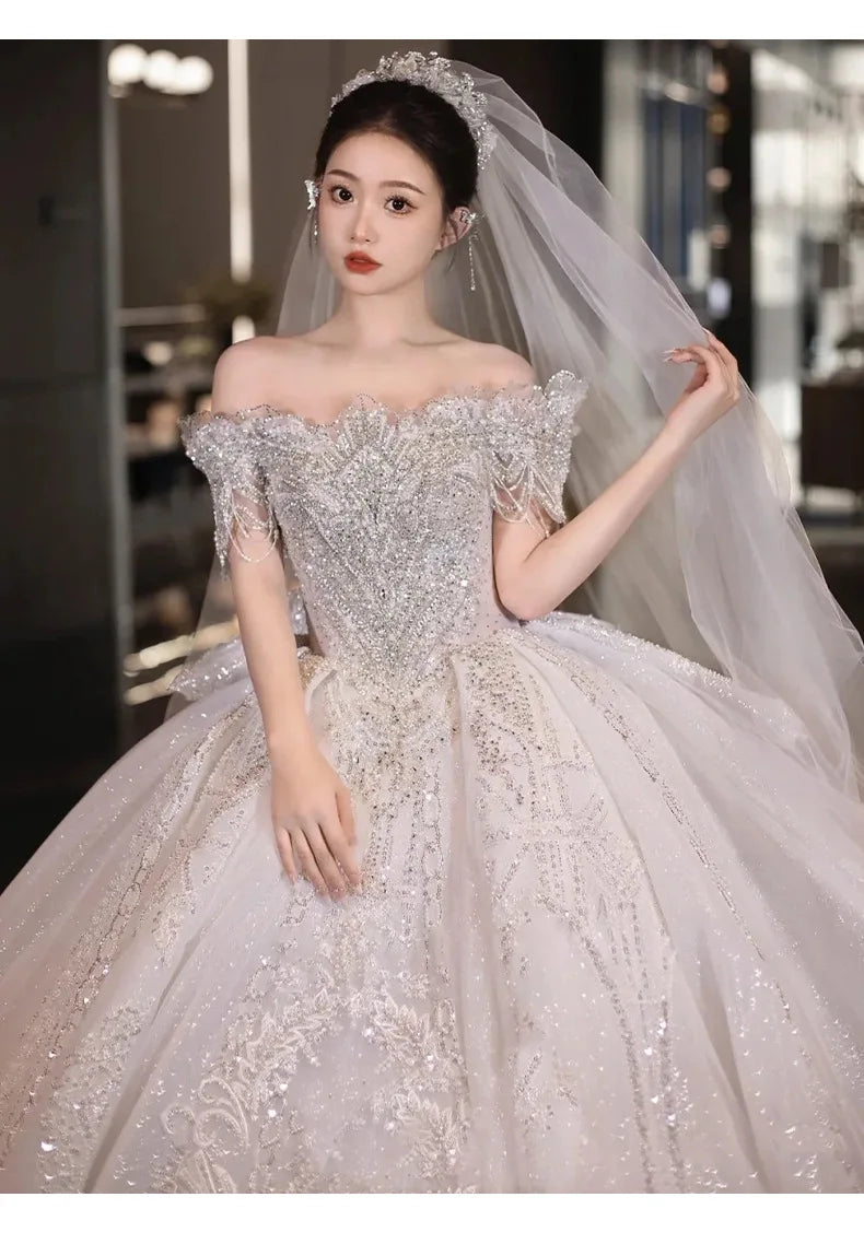 Boat Neck Handmade Beading Exquisite Off The Shoulder Princess Ball Gowns
