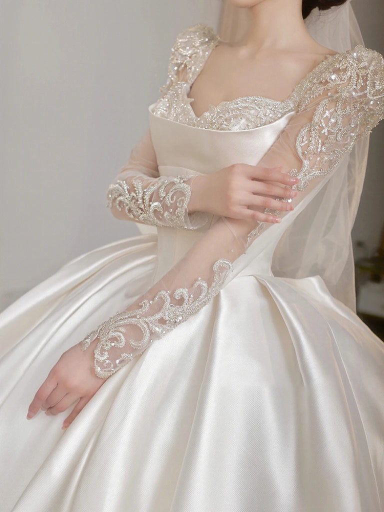 Satin O Neck Applique Sequined Beads Full Sleeve A Line Gowns