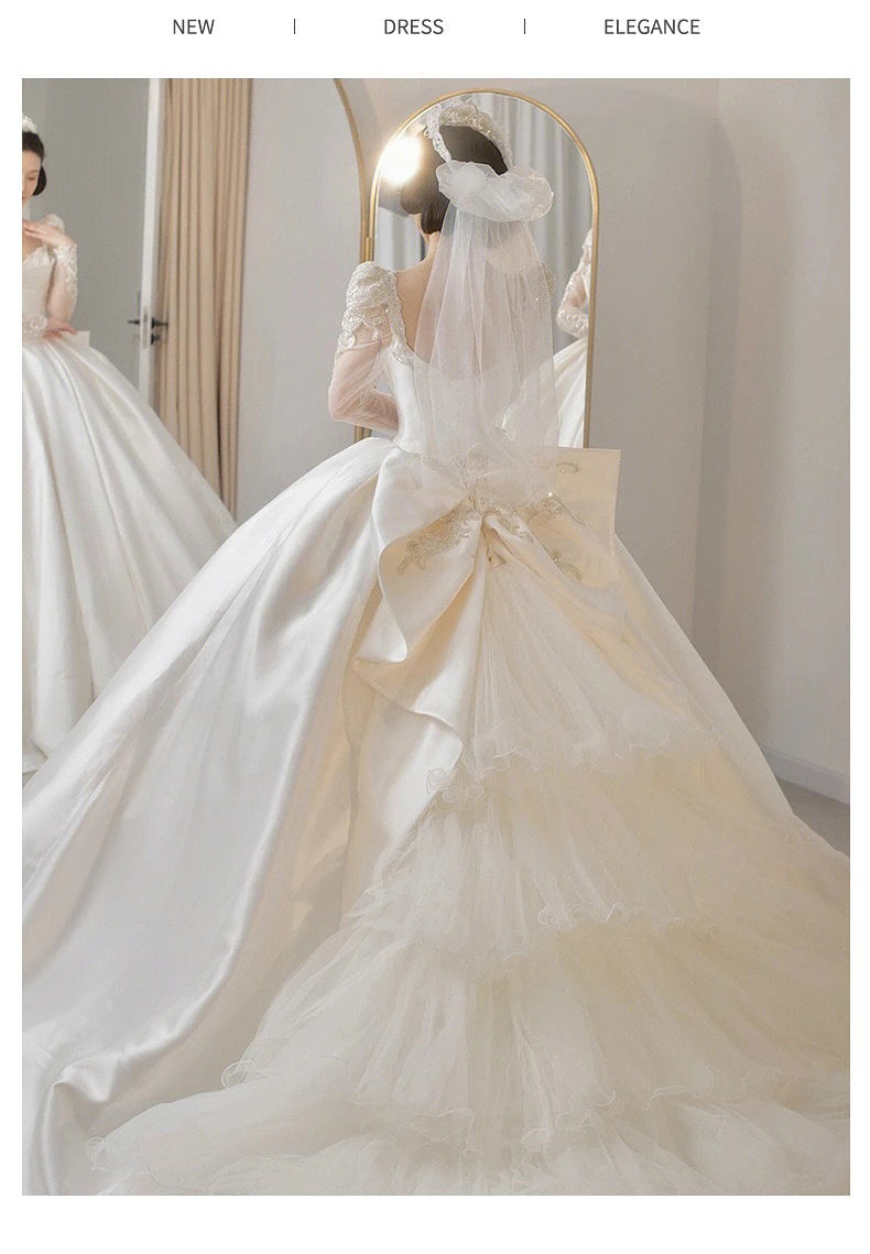 Satin O Neck Applique Sequined Beads Full Sleeve A Line Gowns