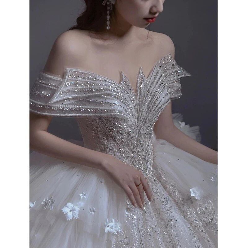 Floral Print Off The Shoulder Lace Luxury Wedding Dress