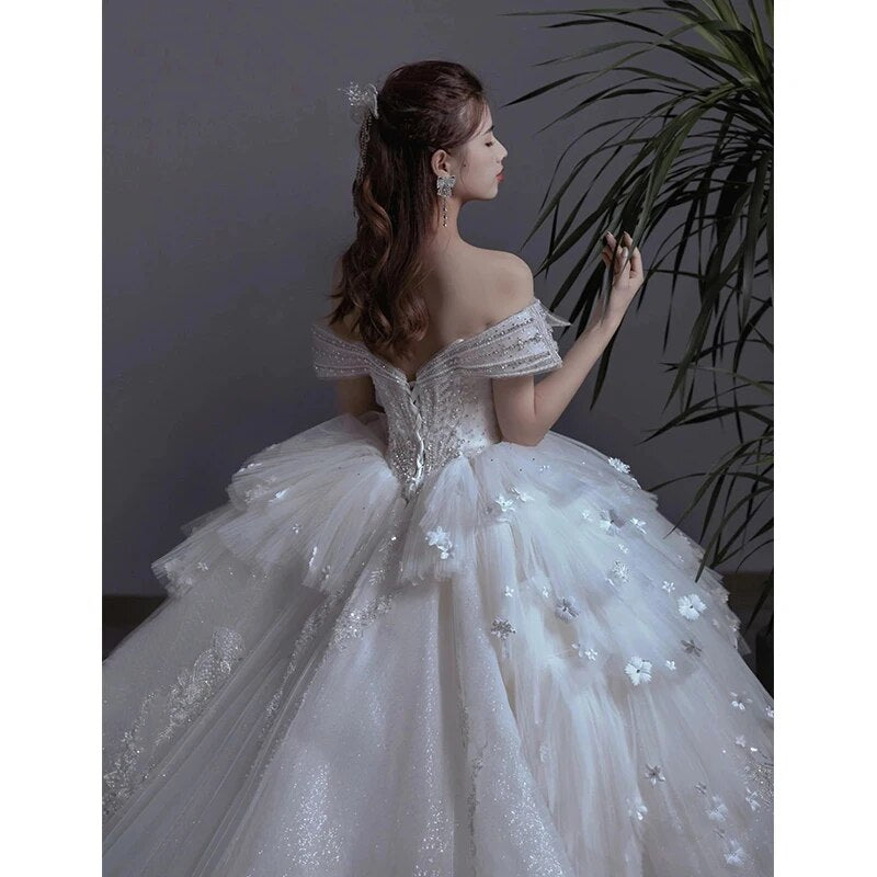 Floral Print Off The Shoulder Lace Luxury Wedding Dress