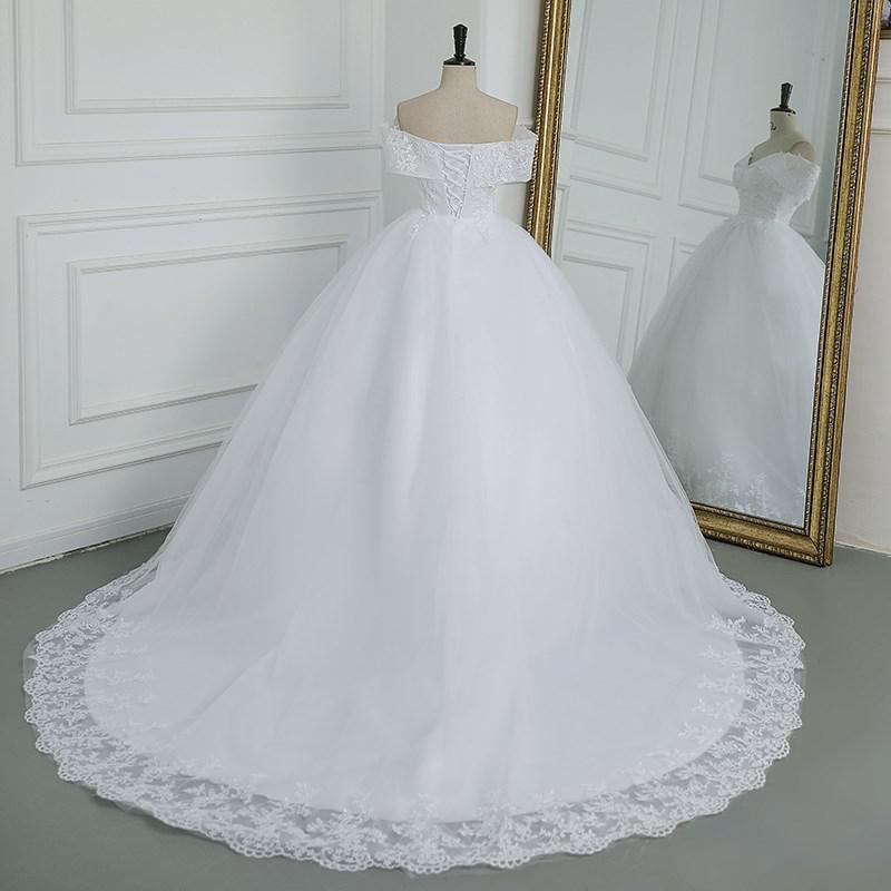 Off Shoulder Appliqes Pearls Long Train Bridal Gowns