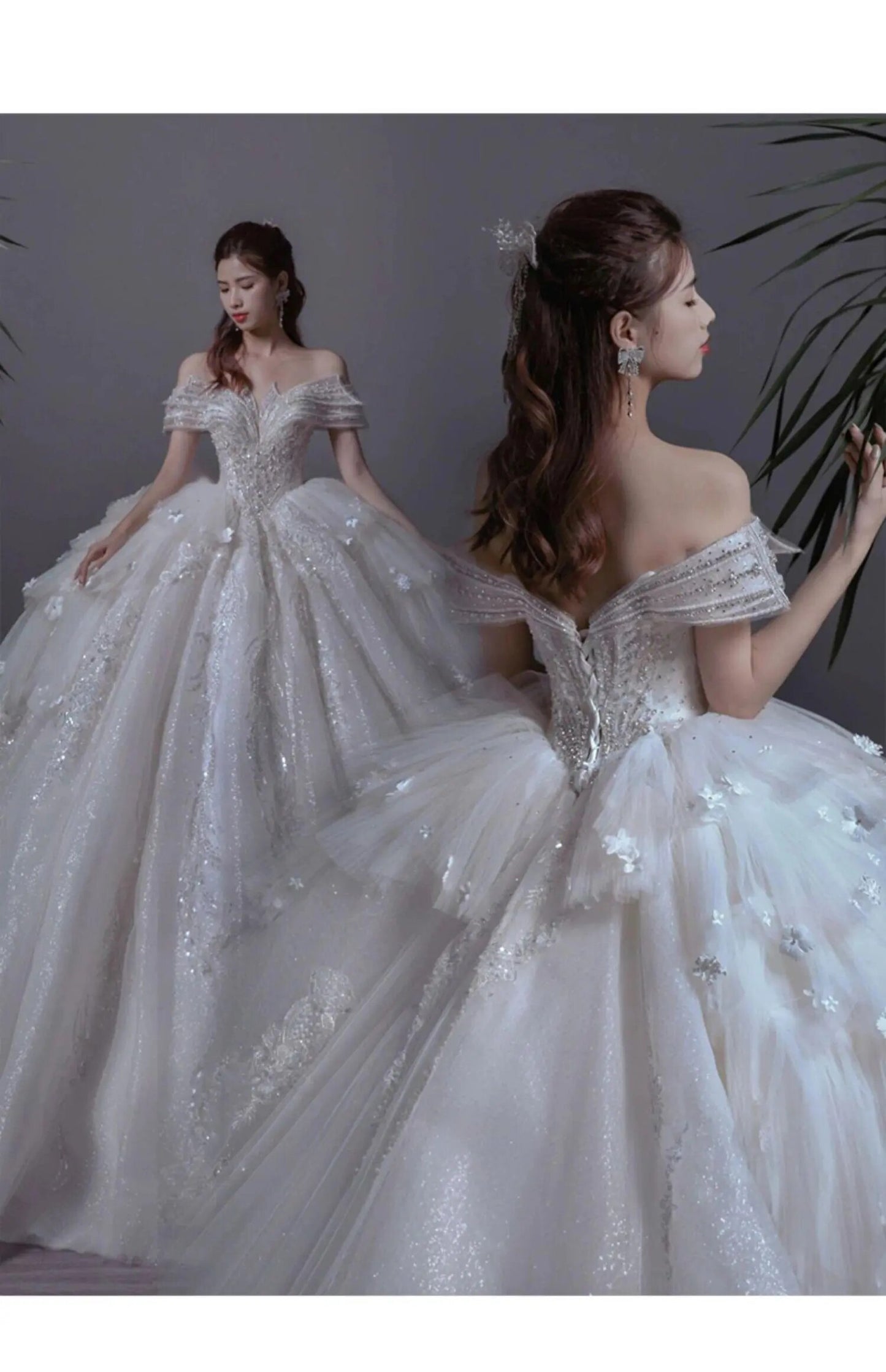 Floral Print Off The Shoulder Lace Luxury Wedding Dress