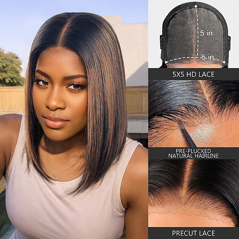 Glueless Wigs Human Hair Pre Plucked Pre Cut P1b/30 Straight Bob Wig With Natural Hairline