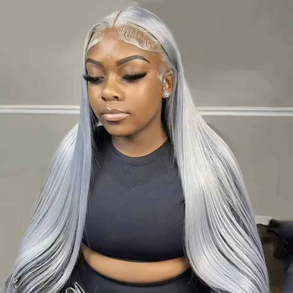 250 Density 13x6 Silver Grey Straight HD 613 Colored Lace Front Wig