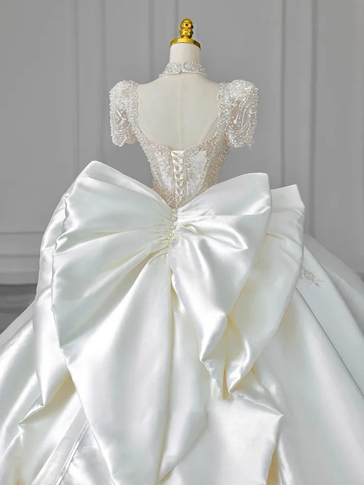White Satin Sequins With Bow Ball Gown