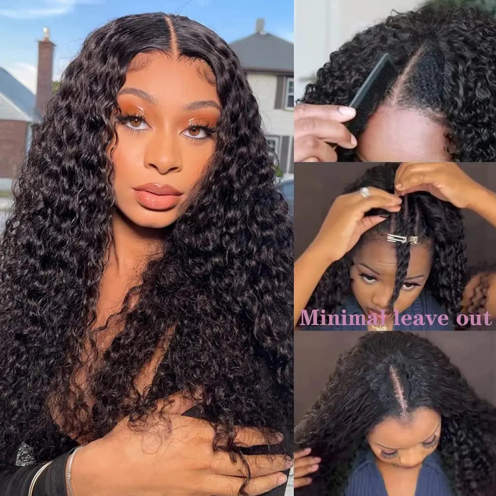 30 40 Inch V Part Wig Human Hair Curly deep wave Glueless Wigs No Leave Out No Glue Natural Black Ready to Wear Brazilian Hair
