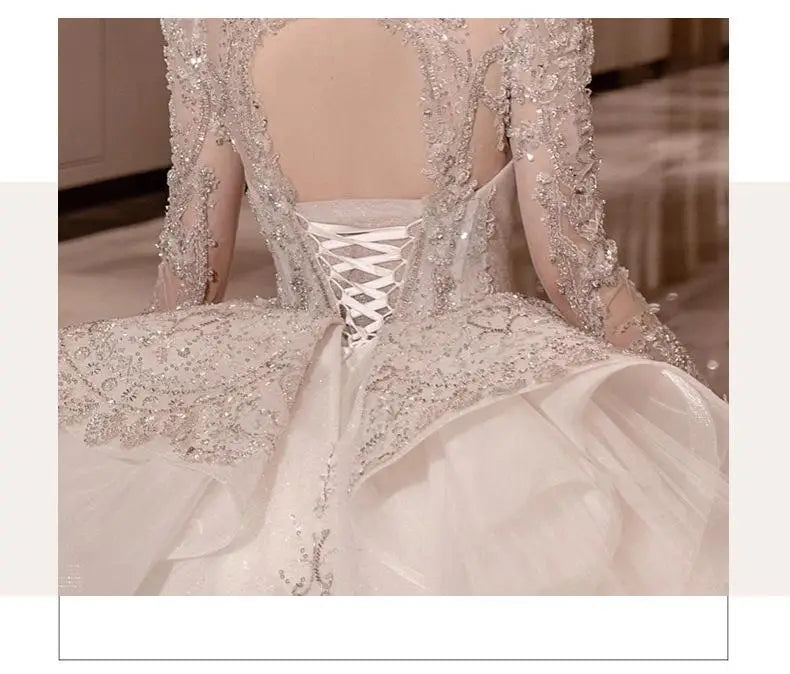 High Neck Long Sleeve Bead Bridal Gown Cathedral Train
