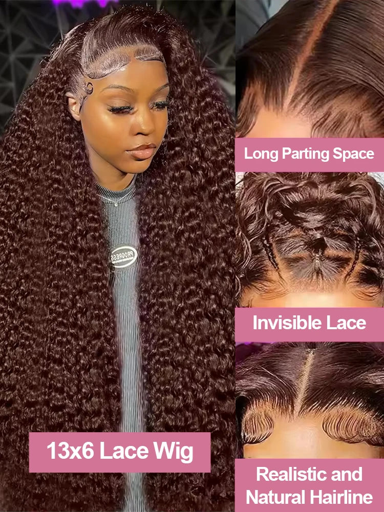 30 40 Inch Chocolate Brown Deep Wave 13x6 HD Lace Frontal Wig Human Hair Curly 13x4 Lace Front Wig Brazilian For Women 250%