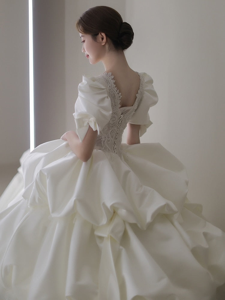 Puff Sleeve Princess Wedding Dress Sweep Train Beading Bridal Gown