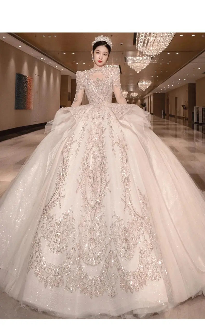 High Neck Long Sleeve Bead Bridal Gown Cathedral Train