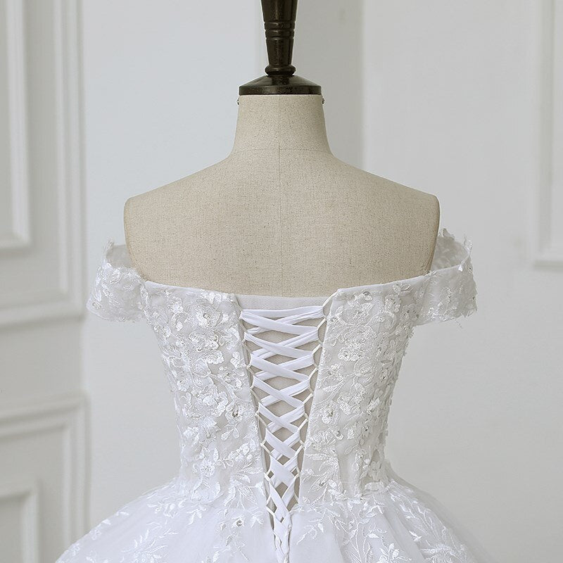 Luxury Applique Wedding Dress Off The Shoulder Lace Bridal Gown With Train Ball Gown