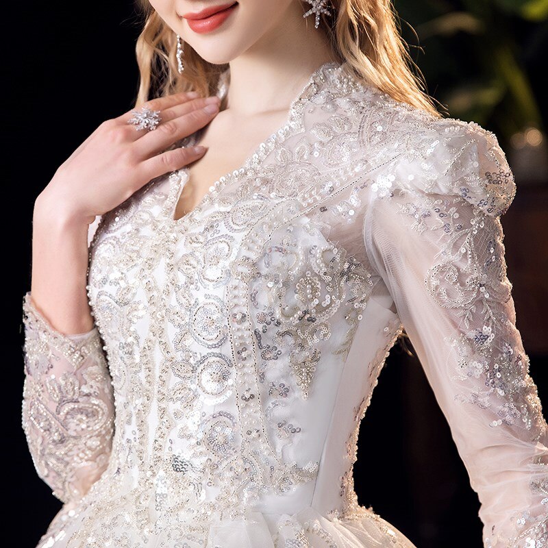 Luxury V Neck Long Sleeve Wedding Dress High Waist