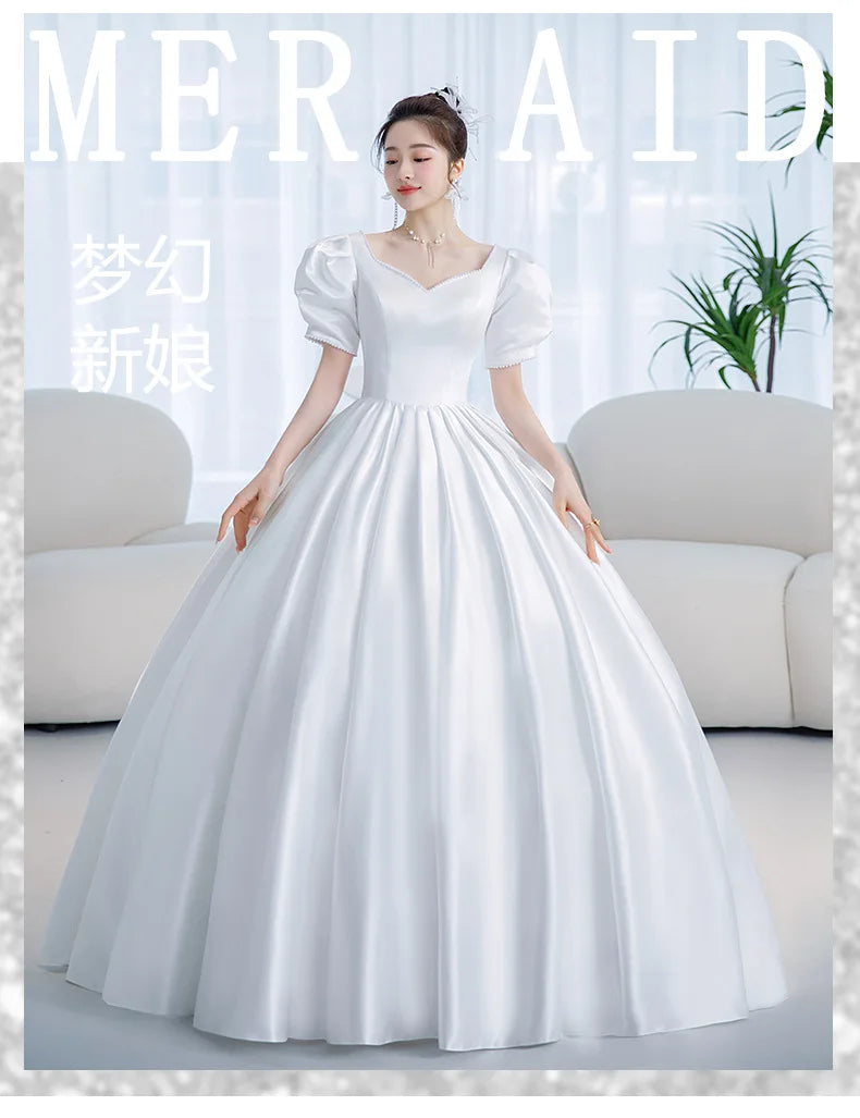 Satin Wedding Dress Sweetheart Short Sleeves Elegant Bride Ball Gown Custom Plus Size