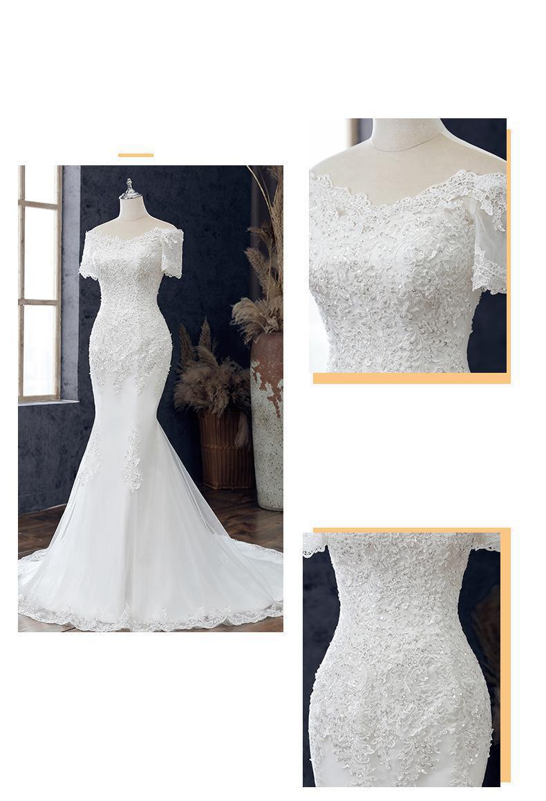 Lace Applique Wedding Dress Boat Neck Lace Up Short Sleeve Mermaid Bridal Dress